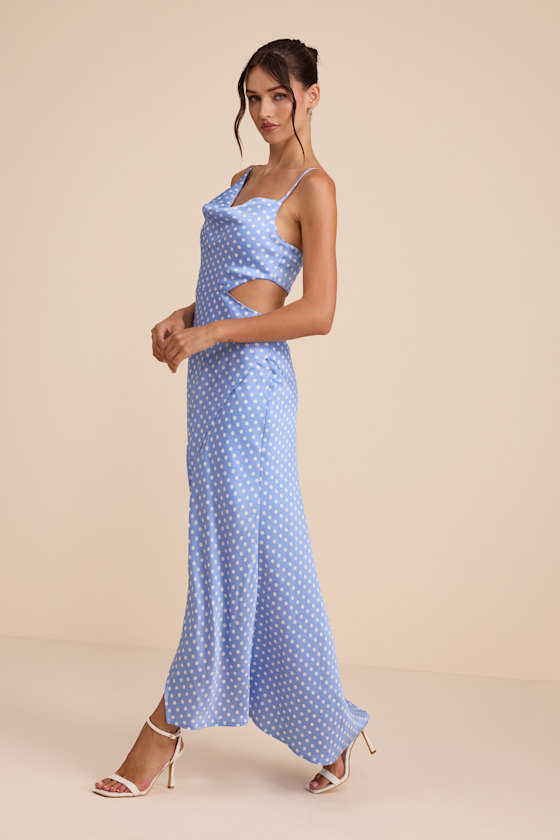 Amella Light Blue Polka Dot Satin Asymmetrical Dress - thumbnail 4