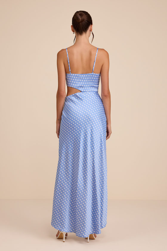 Amella Light Blue Polka Dot Satin Asymmetrical Dress - thumbnail 5