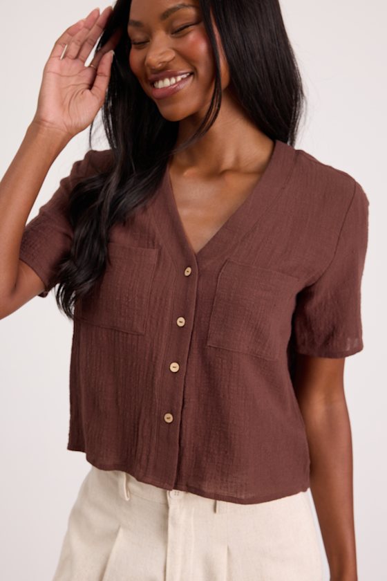 Lift My Spirits Brown Button-Up Crop Top