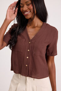 Lift My Spirits Brown Button-Up Crop Top 1