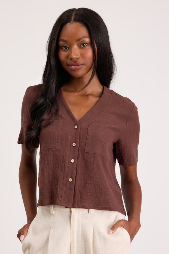 Lift My Spirits Brown Button-Up Crop Top 2