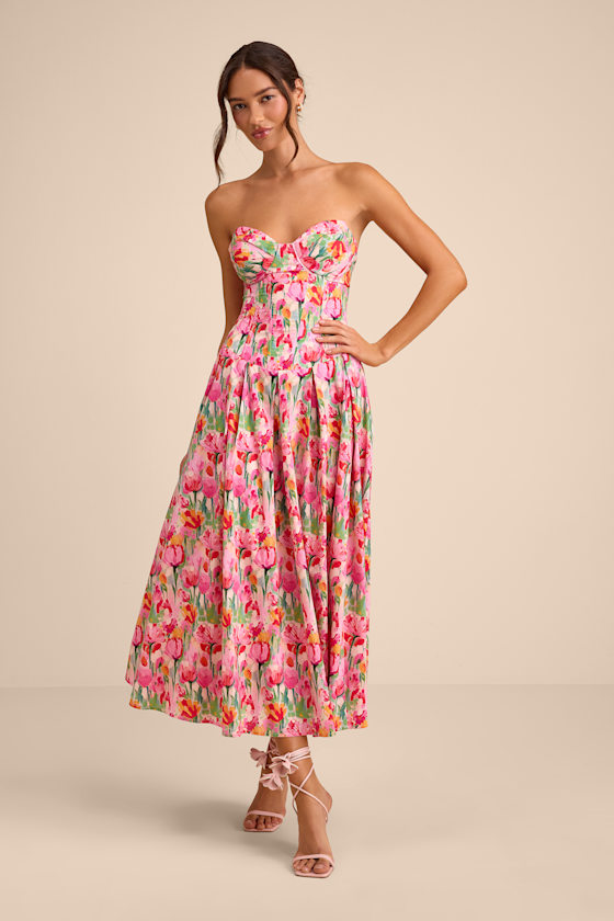 Image of Francena Pink Multi Floral Bustier Midi Dress