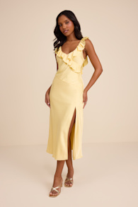 Lenny Pale Yellow Satin Ruffled Midi Dress 1