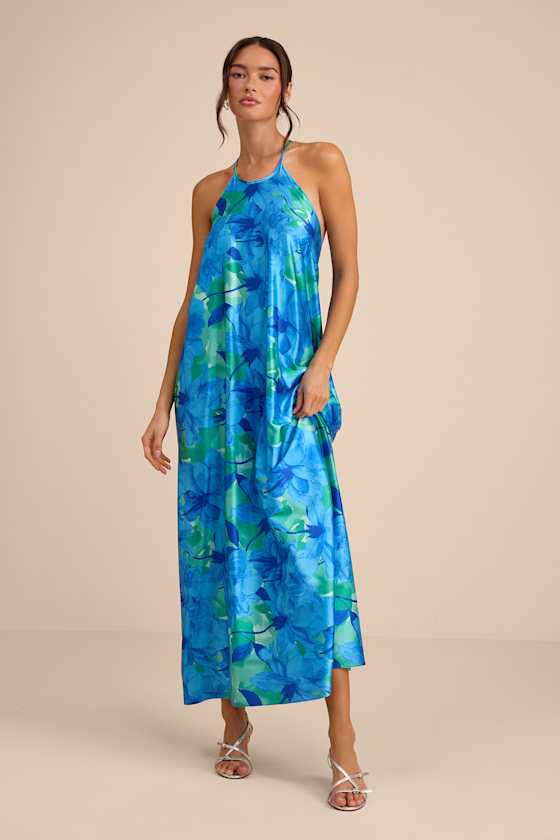 Image of Imana Blue and Green Floral Satin Shift Midi Dress