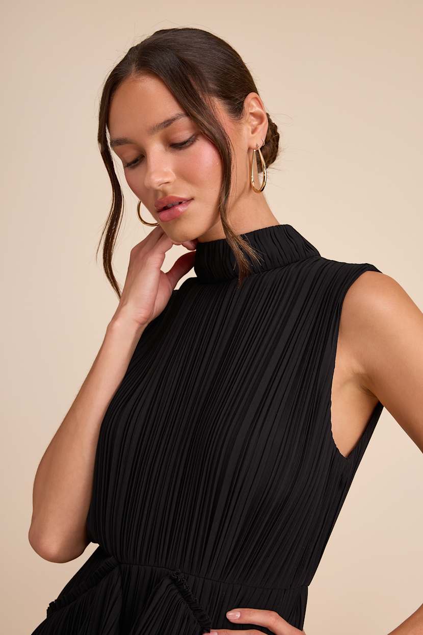 black plisse mini dress Black Wrap Top Belted Short Sleeve Plisse Mini Dress