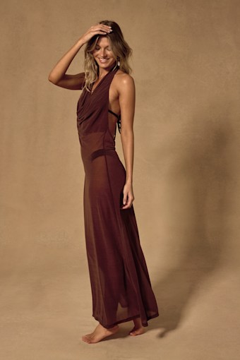 Tahani Brown Mesh Cowl Maxi Swim Cover-Up 6