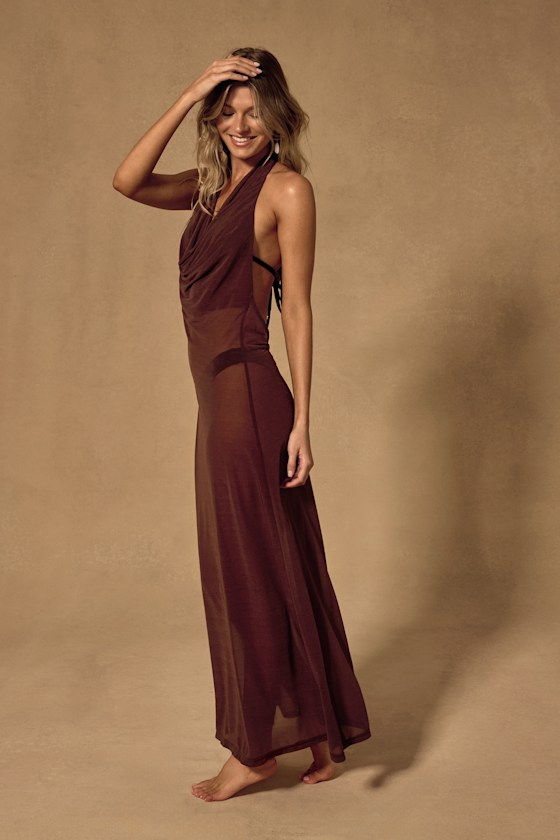 Tahani Brown Mesh Cowl Maxi Swim Cover-Up 6