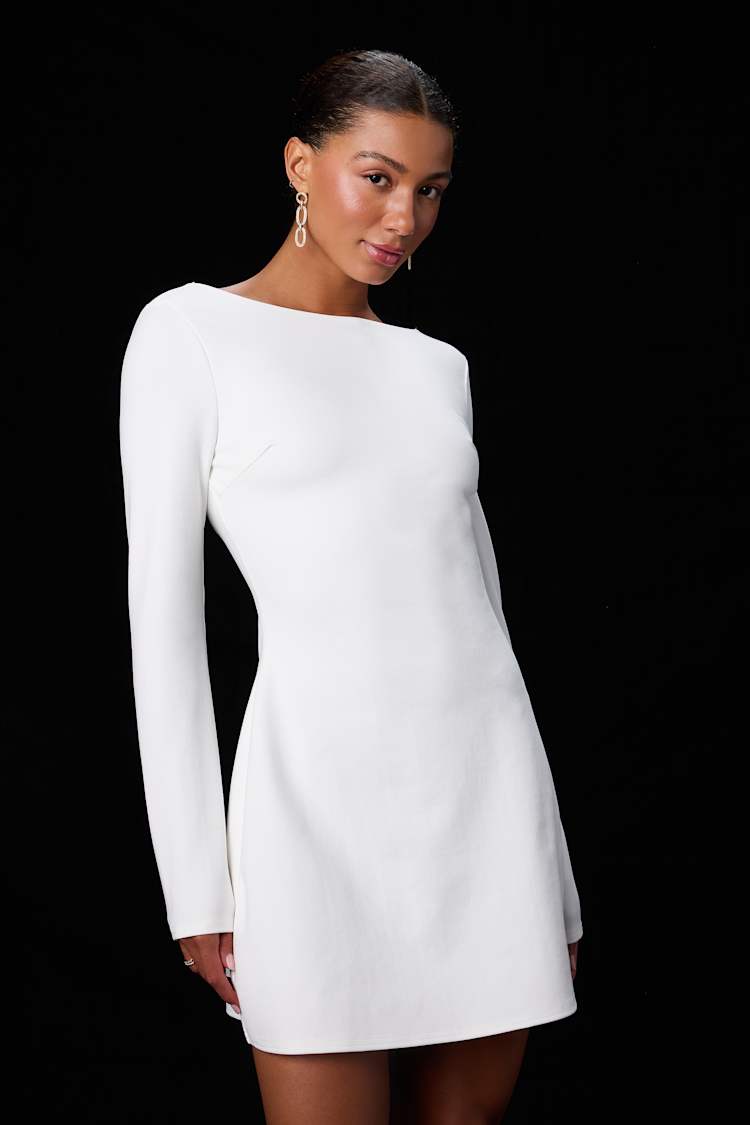 Lulus | White Ponte Knit Long Sleeve Mini Dress | Womens | X-Small (Available in S, M, L, XL) | 100% Polyester