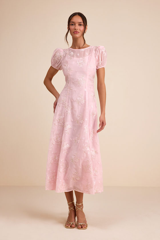 elfrieda cream floral embroidered puff sleeve midi dress Cream Embroidered Floral Puff Sleeve Midi Dress main image 1