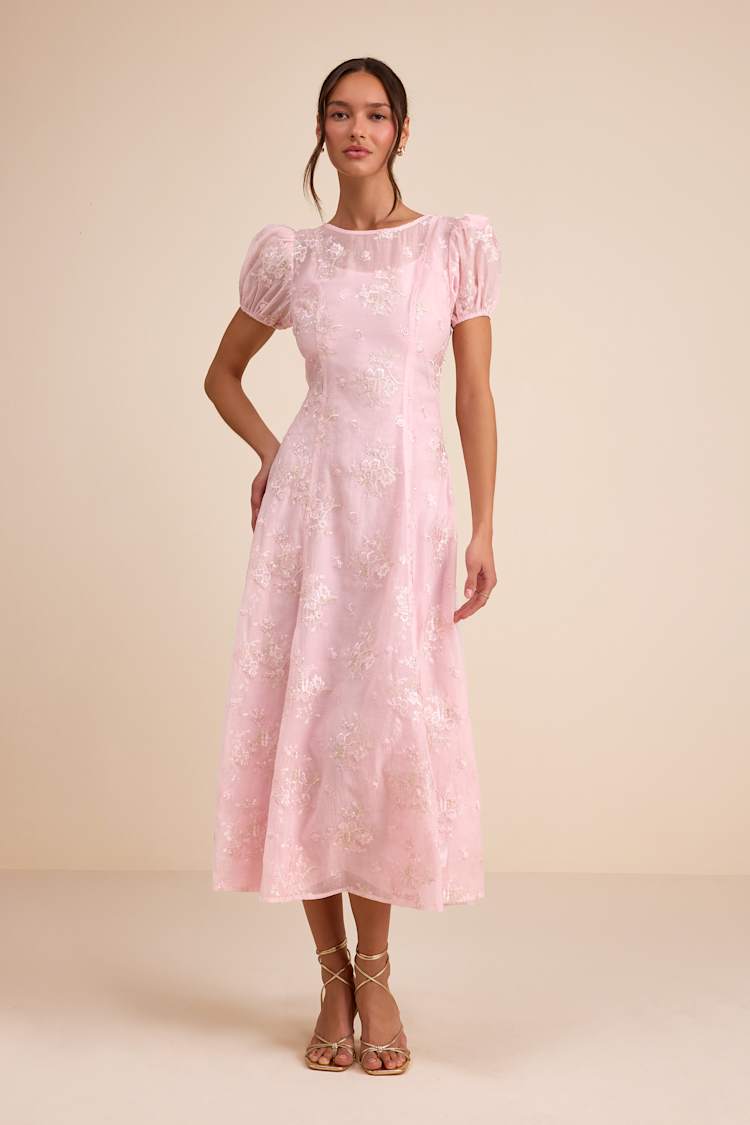 Blush Floral Embroidered Dress - Puff Sleeve Dress - Midi Dress