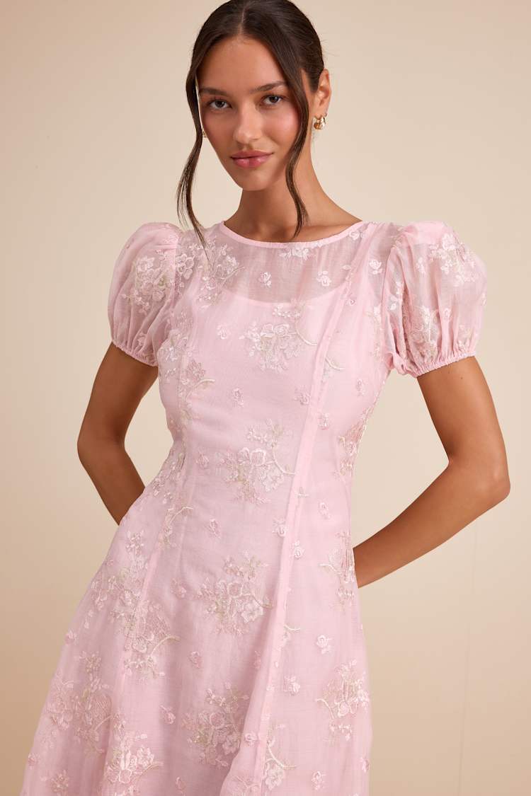 Blush Floral Embroidered Dress - Puff Sleeve Dress - Midi Dress - Lulus Blush Floral Embroidered Dress - Puff Sleeve Dress - Midi Dress - Lulus