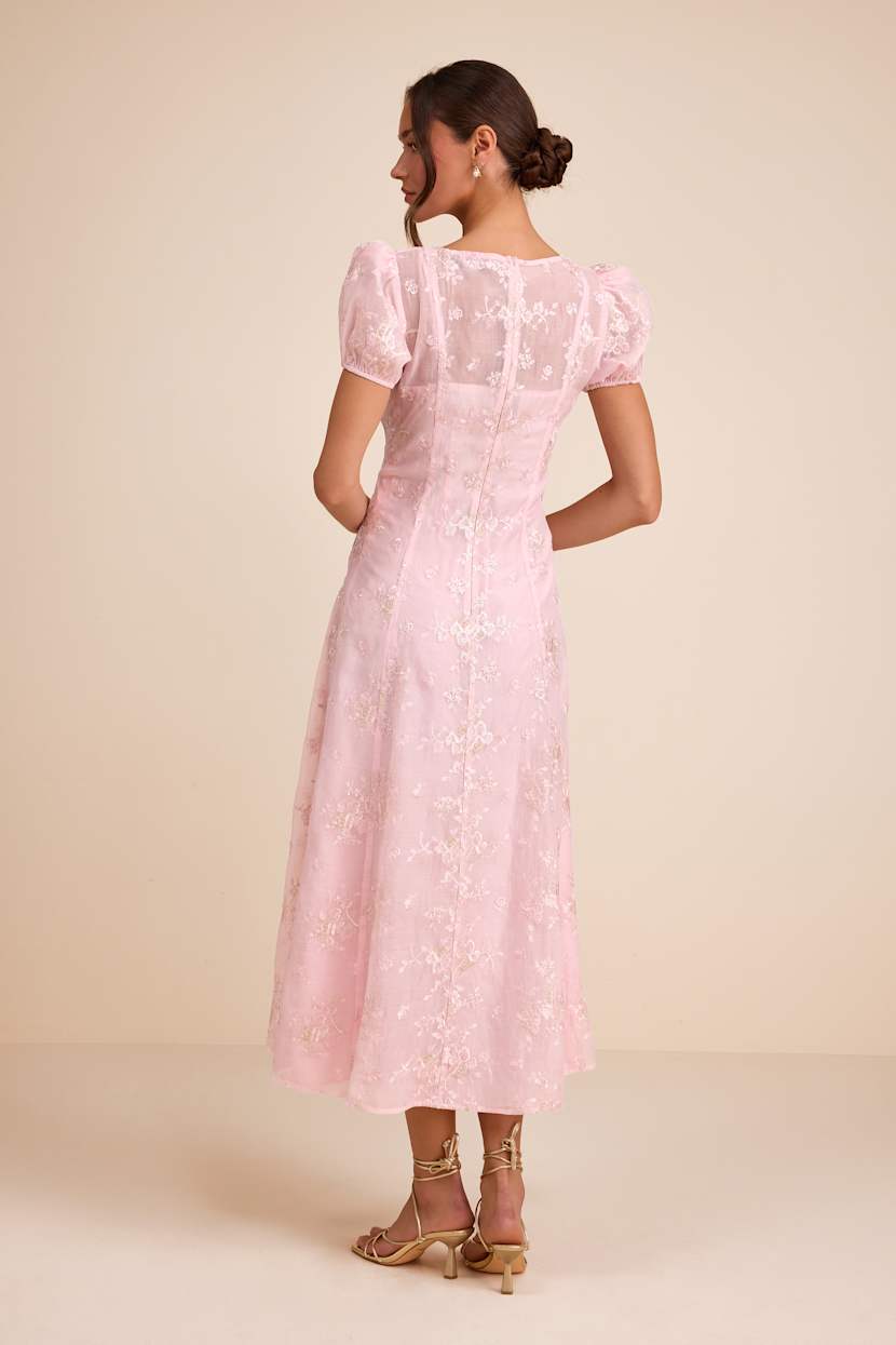 Blush Floral Embroidered Dress - Puff Sleeve Dress - Midi Dress - Lulus