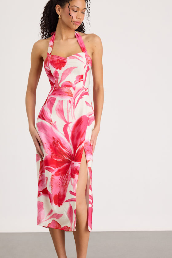 Leilanna Hot Pink Multi Floral Print Halter Midi Dress 3
