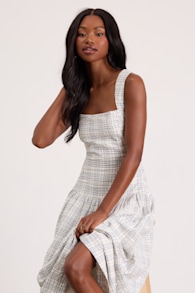 Matilda White Plaid Drop Waist Midi Dress 1