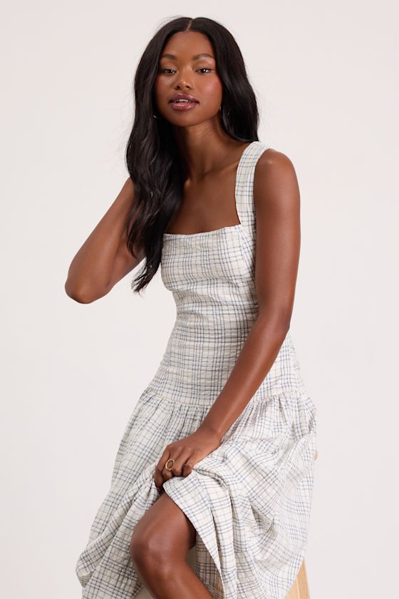 Matilda White Plaid Drop Waist Midi Dress 1