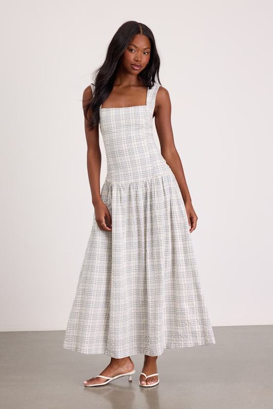 Matilda White Plaid Drop Waist Midi Dress 2