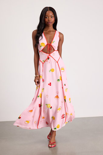Nabina Light Pink Multi Print Tie-Front Maxi Dress 1