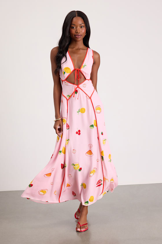 Nabina Light Pink Multi Print Tie-Front Maxi Dress 1