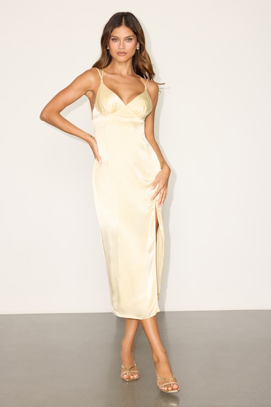Marelynn Pale Yellow Satin Strappy Midi Dress 2