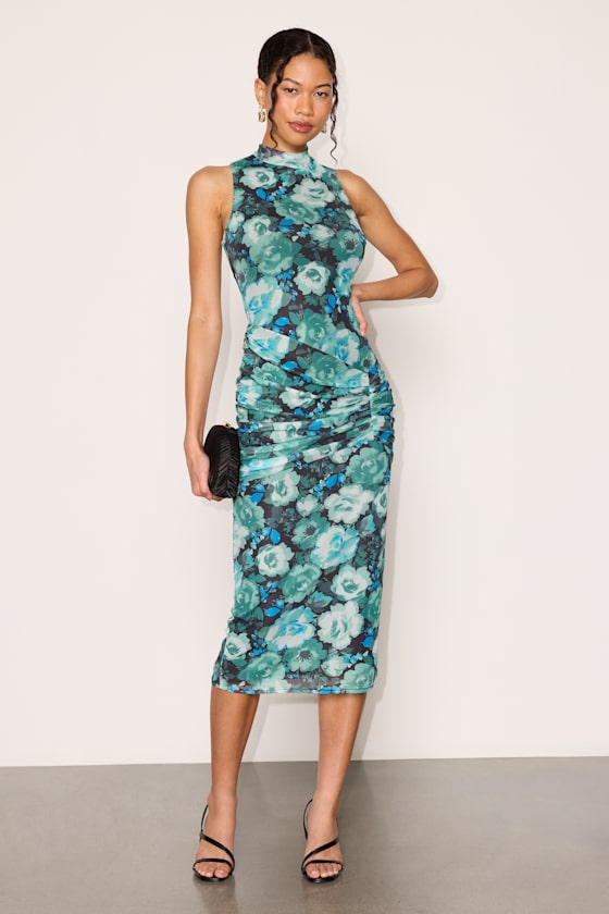 Prettiest Energy Black and Teal Floral Mesh Midi Dress 2