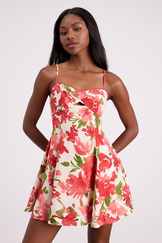 Image of Kylie Cream and Red Floral Skater Mini Dress