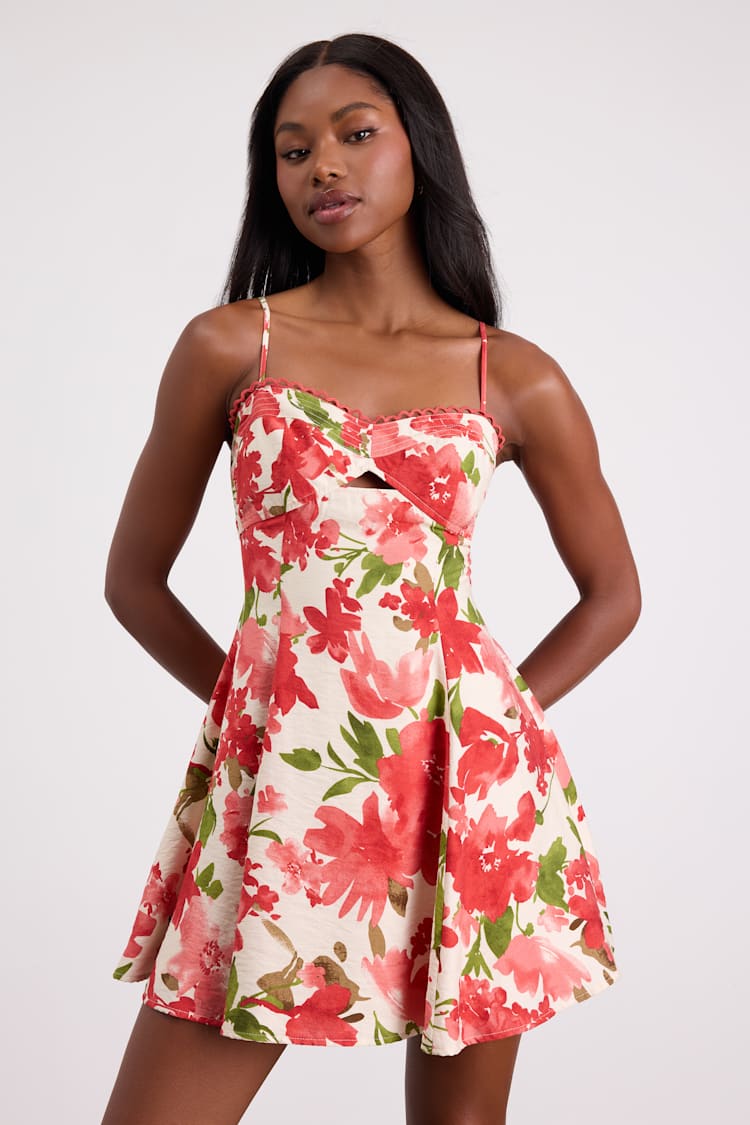 knee length dresses for ladies Wisteria Floral Print Mini Skater Dress | Disturbia main image 0