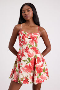 Kylie Cream and Red Floral Skater Mini Dress 2