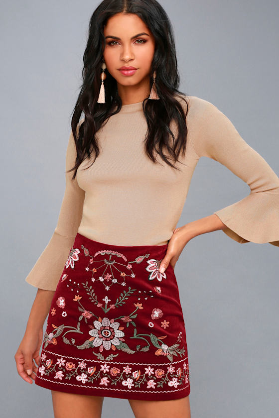 Mountain High Burgundy Embroidered Corduroy Mini Skirt 2