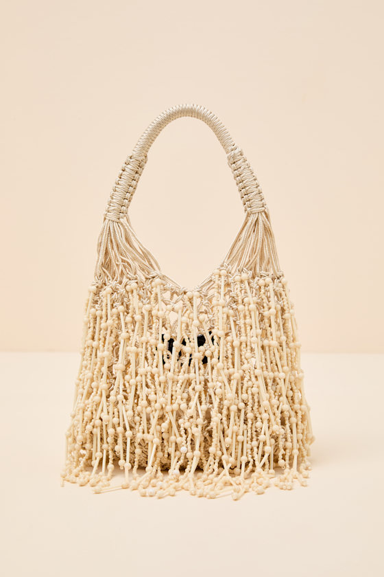 Amalla Beige Woven Beaded Fringe Handbag