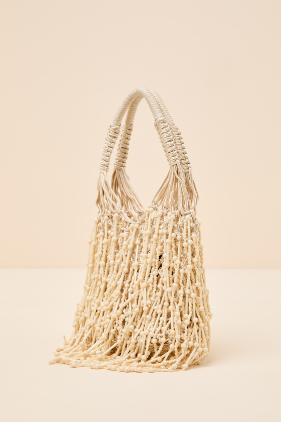 Amalla Beige Woven Beaded Fringe Handbag - thumbnail 5