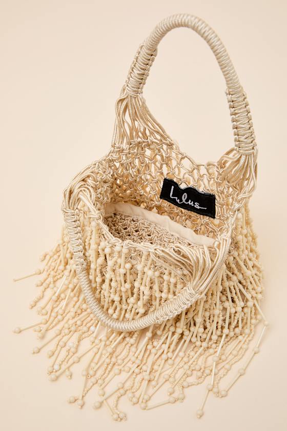 Amalla Beige Woven Beaded Fringe Handbag - thumbnail 6