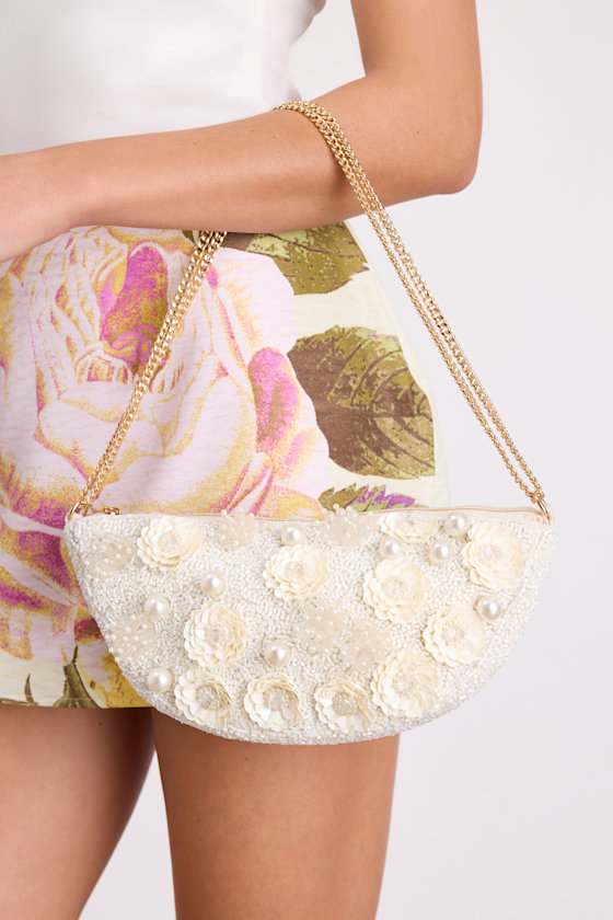 Eira White Beaded Pearl Floral Shoulder Bag 1