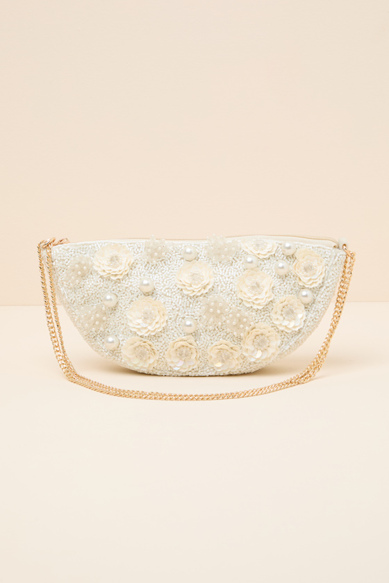 Eira White Beaded Pearl Floral Shoulder Bag