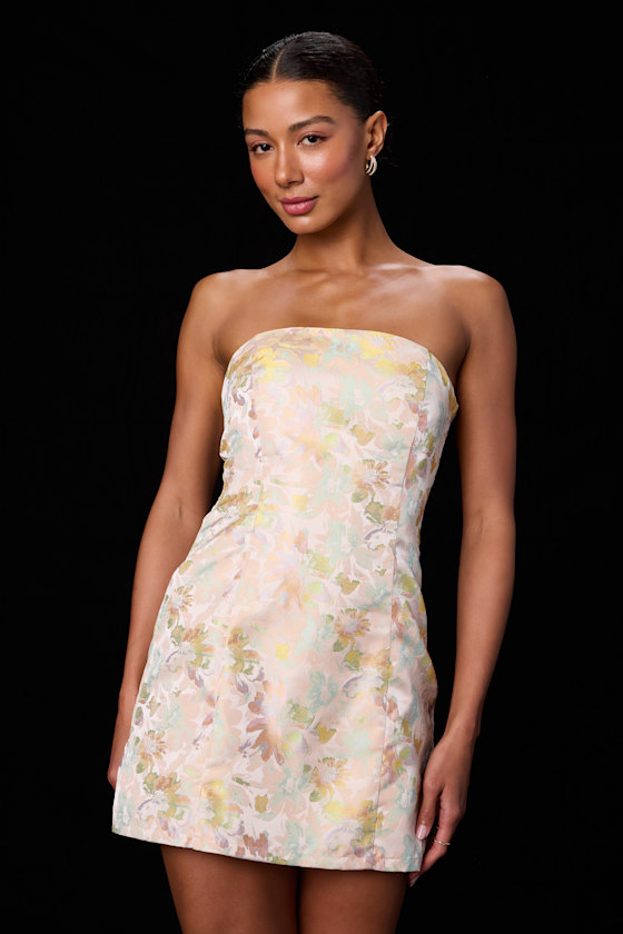 Blush Multi Jacquard Dress - Floral Jacquard Mini - Lace-Up Mini