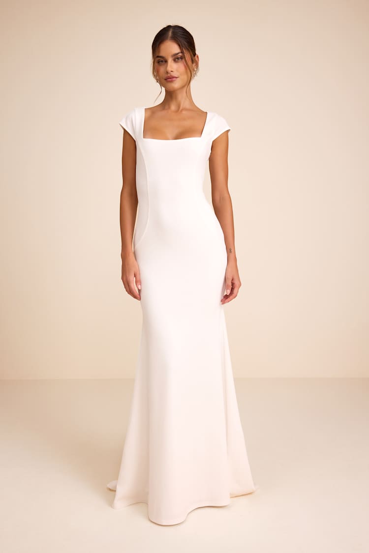 Lulus | White Cap Sleeve Mermaid Maxi Dress | Womens | X-Large (Available in XS, S, M, L) | 100% Polyester