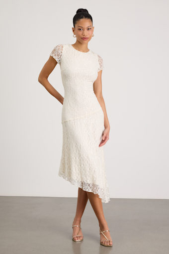 Madelina Ivory Lace Asymmetrical Midi Dress 1