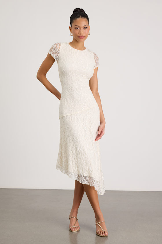 Madelina Ivory Lace Asymmetrical Midi Dress 1
