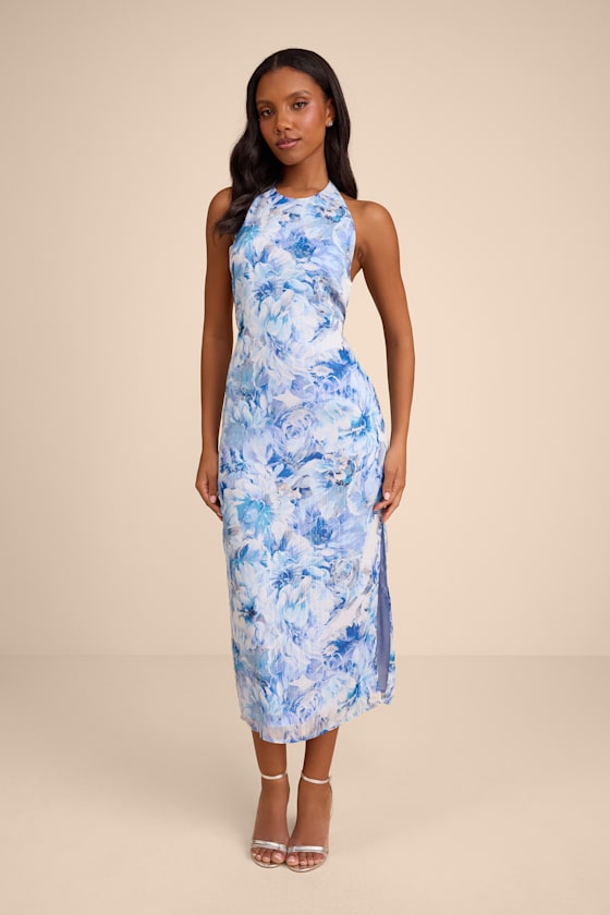 Image of Neiva Blue and White Floral Backless Midi Dress