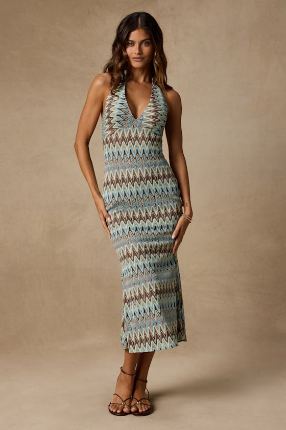 Image of Majesty Turquoise and Brown Crochet Halter Midi Dress
