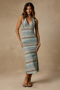 Majesty Turquoise and Brown Crochet Halter Midi Dress 2