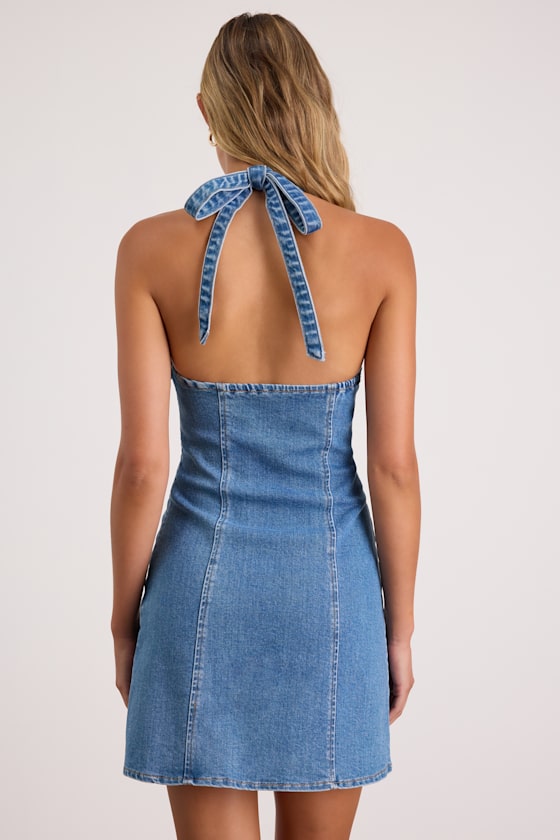 Luce Medium Wash Denim Halter Mini Dress 2