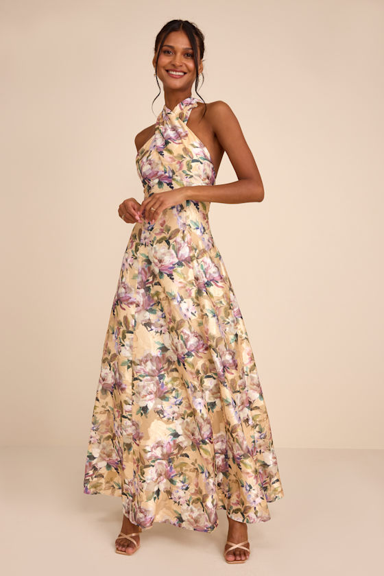 Image of Samana Light Yellow Multi Floral Cross-Front Maxi Dress