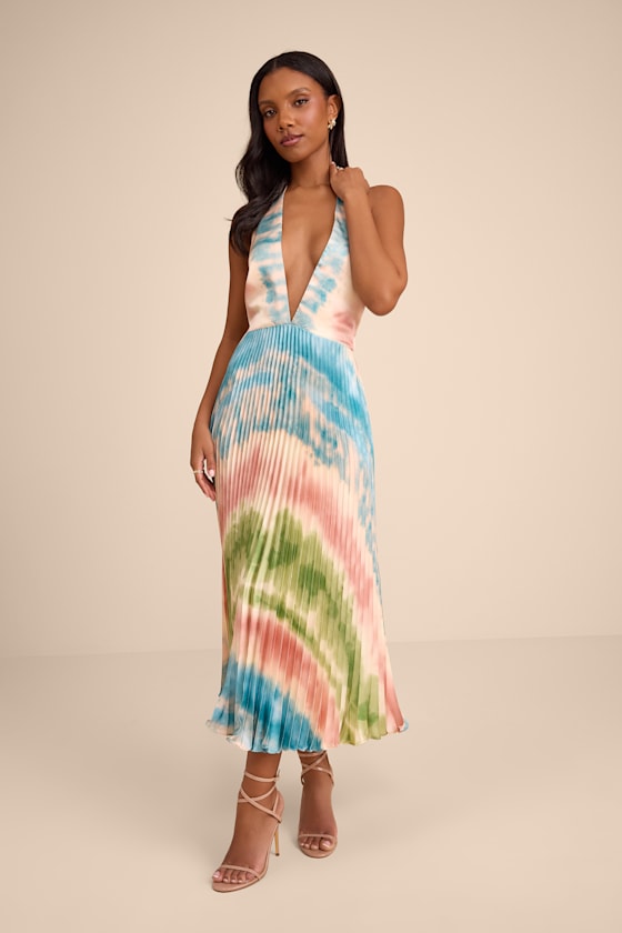 Image of Rhoda Blush Multi Tie-Dye Satin Halter Midi Dress