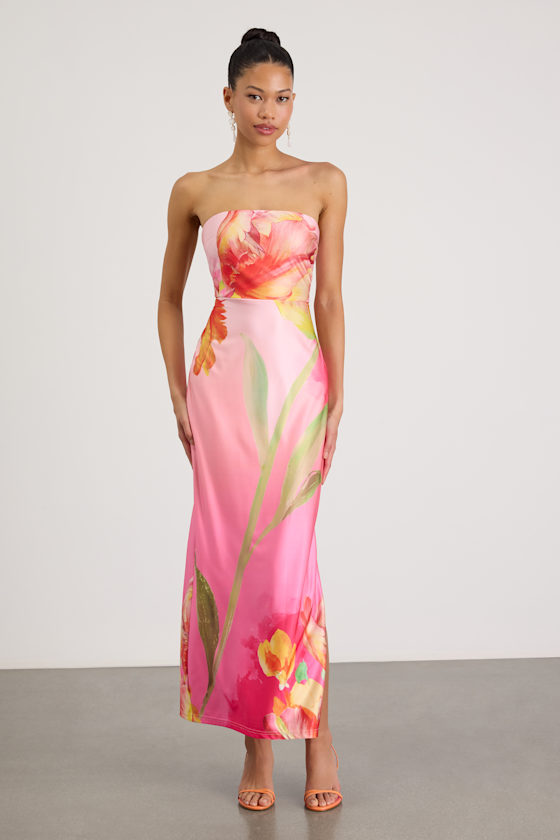 Anahi Pink Multi Floral Satin Strapless Maxi Dress 2