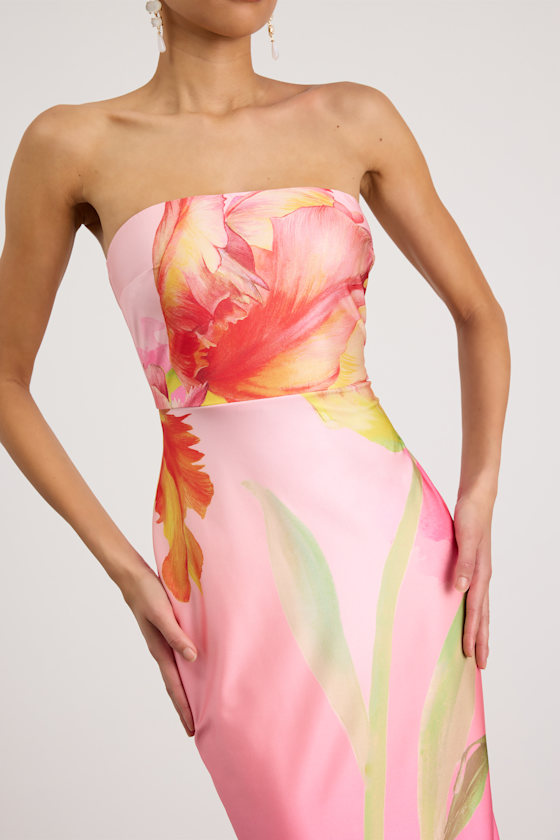 Anahi Pink Multi Floral Satin Strapless Maxi Dress 3