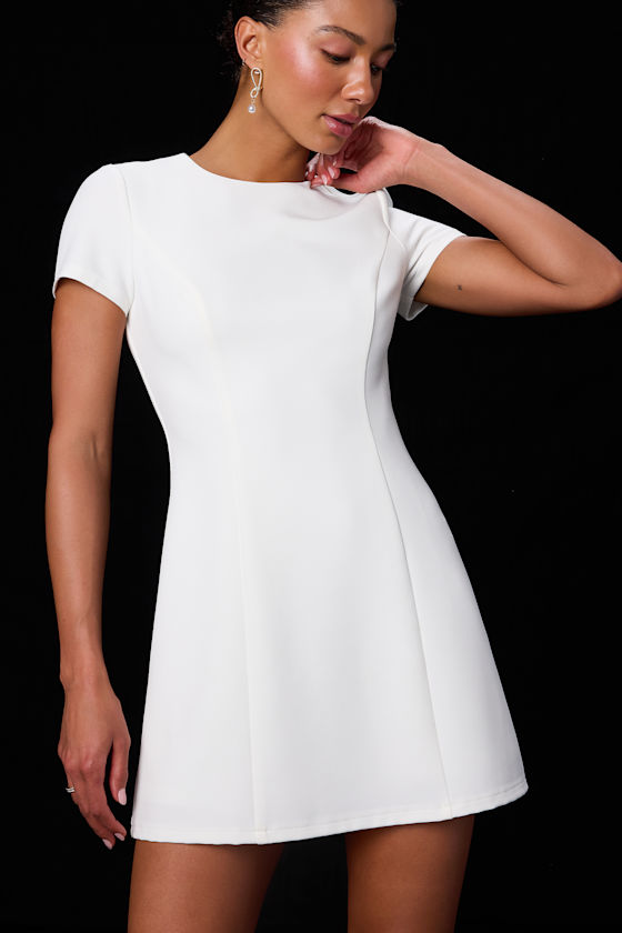 Renetta White Ponte Knit Short Sleeve Mini Dress - thumbnail 5