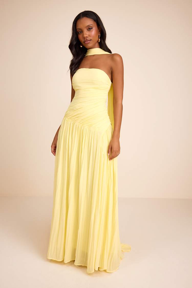 yellow bridesmaid dress with scarf ZAPAKA Women Yellow Bridesmaid Dress with Streamer Ruffled Strapless Long Wedding Guest Dress, Yellow / US24W