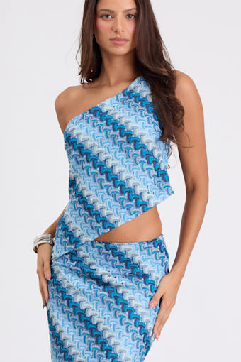 Fiala Blue Multi Crochet Chevron One-Shoulder Top 1
