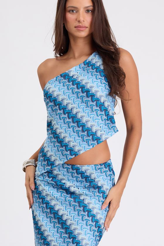 Fiala Blue Multi Crochet Chevron One-Shoulder Top 1