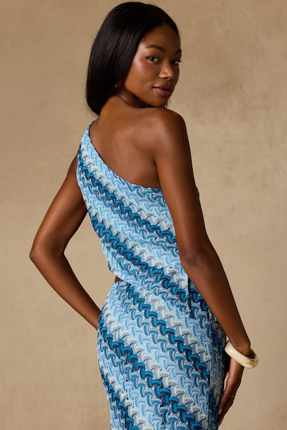 Fiala Blue Multi Crochet Chevron One-Shoulder Top 3